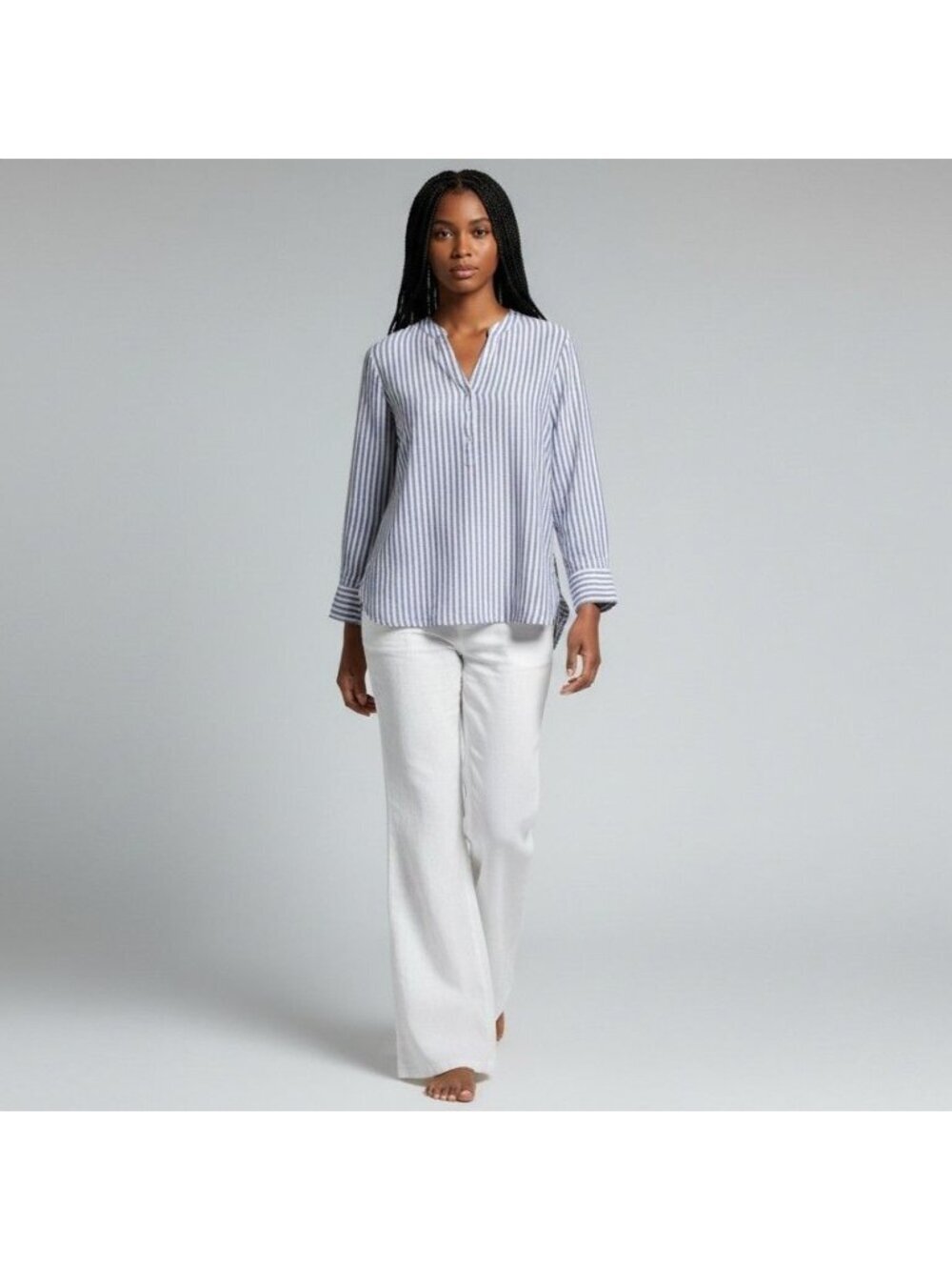 Talbots Linen Blend Blue & White Striped Long Sleeve Top With Side Button Detail